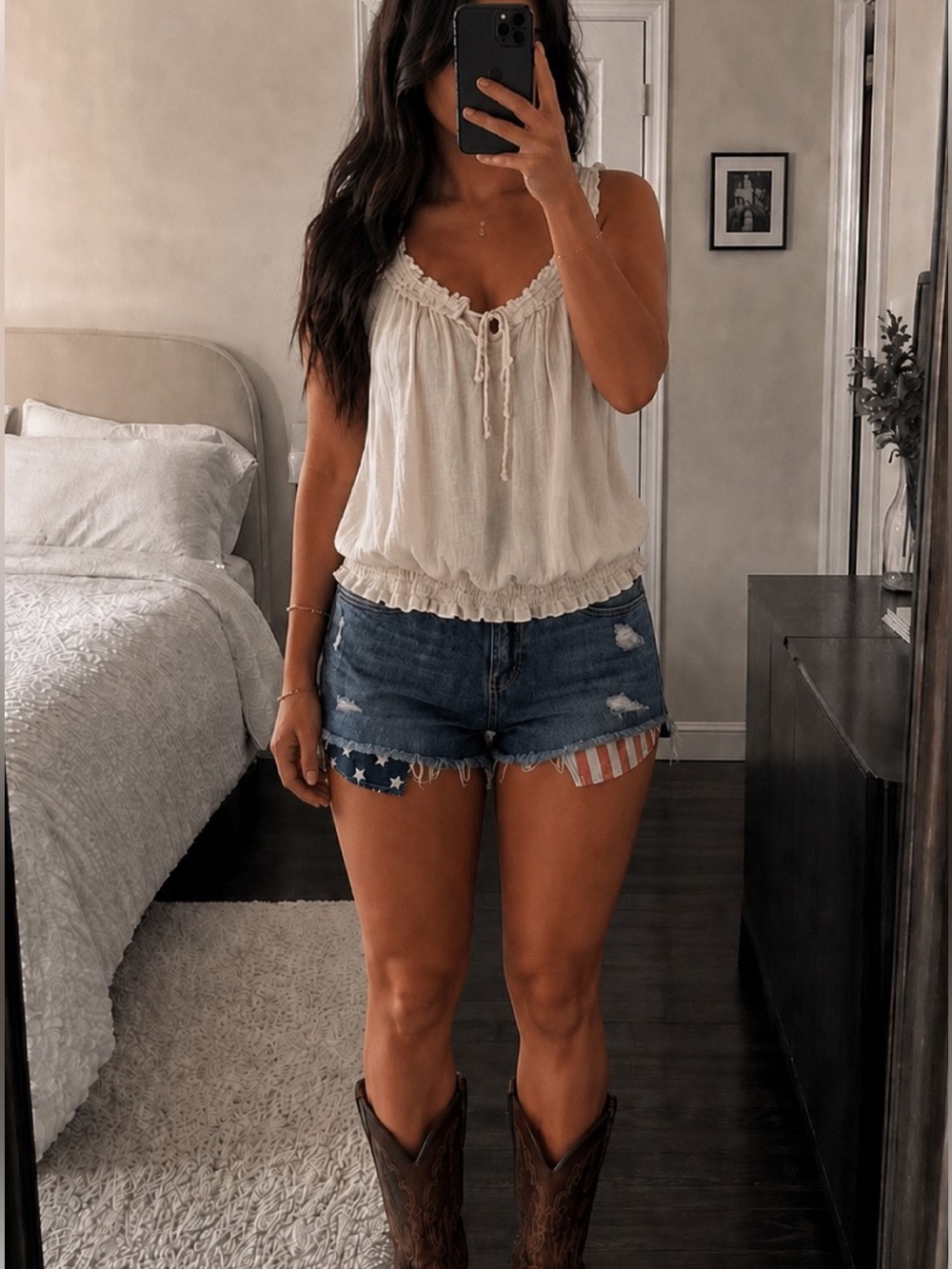 Old Navy boyfriend denim shorts mid rise Americana stars & stripes raw hem